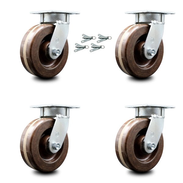 6 Inch Kingpinless High Temp Phenolic Wheel Swivel Caster Set with Swivel Locks